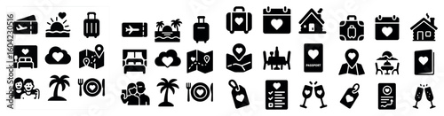 Travel and tourism icons set – solid, filled, vacation and trip essentials