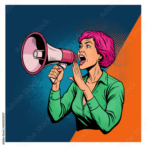 Woman with pink hair shouts into a megaphone, announcing news or a message.