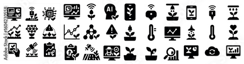 Agricultural technology solid icons set – farming, gardening, digital tools imagery