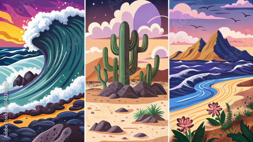 Waves crashing set on a volcanic sand beach vector, ideal for dramatic coastal nature scenes, exotic travel destinations, and ocean power concepts, banner collection	
