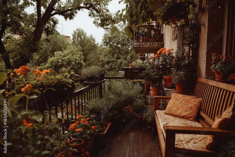 Obraz premium Cozy balcony garden with wooden bench