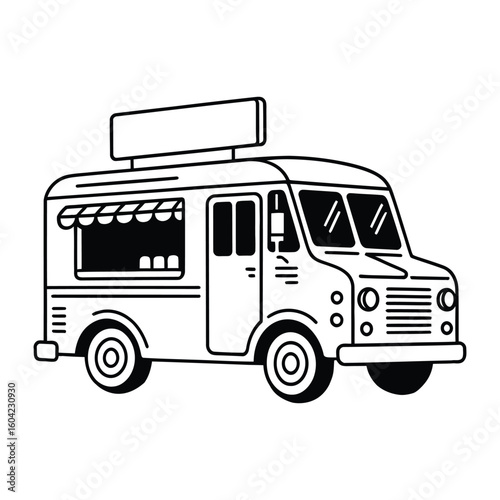 Ice Cream Truck Icon, Vector, Illustration, Outline, Line Art, Silhouette, Logo, White Background.