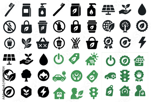 Sustainable living solid icons set – eco-friendly, green design, environment symbols
