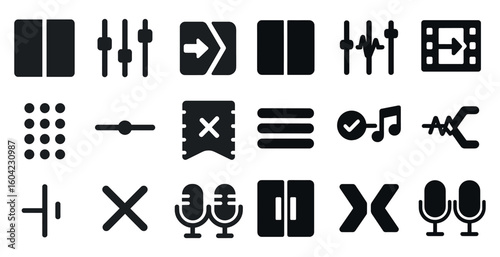 Audio and music solid icons set – filled, sound, recording and editing graphics