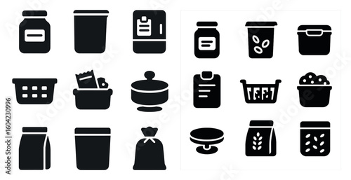 Kitchen and pantry solid icons set – filled, cooking and food storage symbols