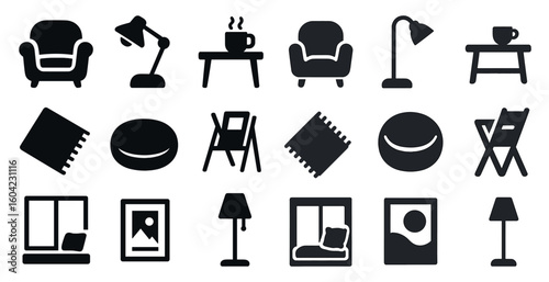 Home decor and furniture icons set – solid, filled, interior and living space symbols
