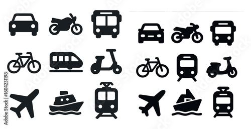 Transportation silhouette icons set – vehicles, travel, commute symbols