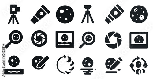 Astronomy and stargazing solid icons set – telescope, celestial, space exploration symbols