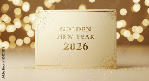 Golden New Year 2026: A serene invitation card for 2026, written with a simple design.