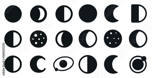Lunar phases silhouette icons set – moon, celestial, nocturnal cycle symbols