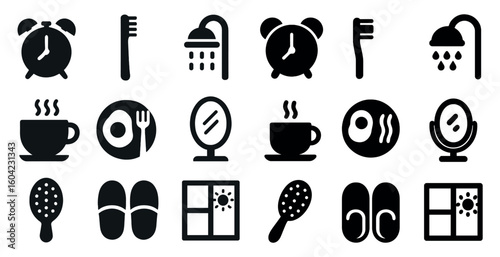 Morning routine solid icons set – silhouette, filled, daily schedule symbols