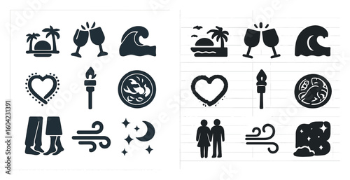 Beach and romance silhouette icons set – solid, love, vacation symbols