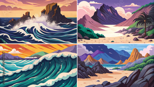 Waves crashing set on a volcanic sand beach vector, ideal for dramatic coastal nature scenes, exotic travel destinations, and ocean power concepts, banner collection	