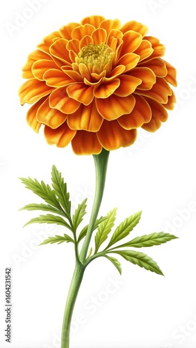 Digitally rendered marigold flower in shades of orange and green on white