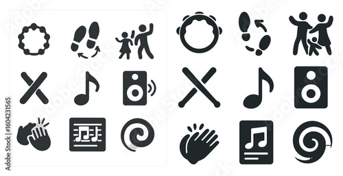 Dance and music solid icons set – filled, rhythmic, entertainment symbols