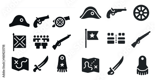 Military history silhouette icons set – war, weapon, battle symbols collection