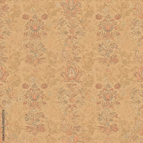 Ornate floral damask pattern in muted earth tones, featuring repeating stylized flower and leaf motifs on a textured background.