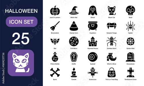 halloween set of web icons in solid. Containing jack o lantern, witch hat, ghost, black cat, skull, broomstick, candy corn, and more. High Quality