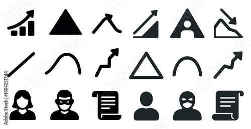 Business analytics solid icons set – flat, filled, data and growth symbols