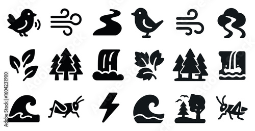 Nature and wildlife silhouette icons set – flat, solid, outdoor adventure symbols