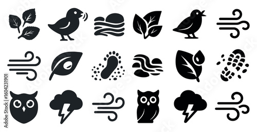 Nature silhouette icons set – solid, outline, natural elements and wildlife symbols