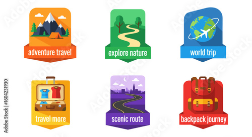 Colorful vector illustration showcasing adventure travel, nature exploration, world trips, and scenic routes, ideal for travel agencies and tourism marketing.
