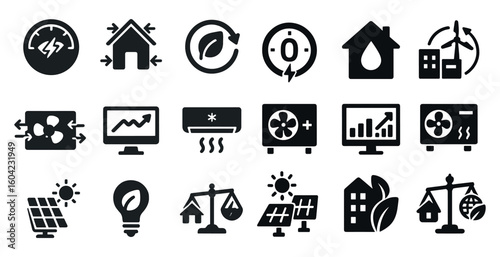 Sustainable energy icons set – solid, green, renewable energy symbols