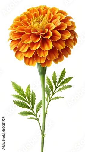 Close up of a Vibrant Orange Marigold Flower with Green Stem and Leaves