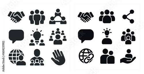 Teamwork and network silhouette icons set – communication, collaboration symbols