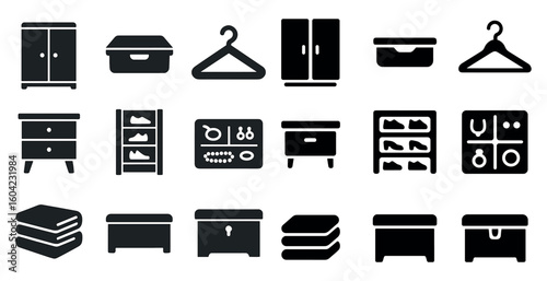 Home organization solid icons set – storage, closet, tidy living symbols