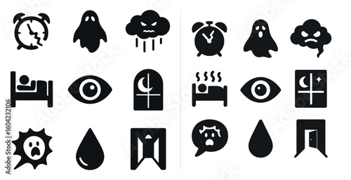 Spooky and halloween solid icons set – silhouette, ghost, haunted symbols