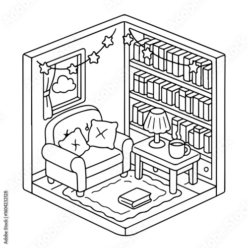 coloring page, The isometric rooms inside the house look cute and warm, A peaceful spot with a reading chair, tiny lamp, bookshelves, and cozy pillows.