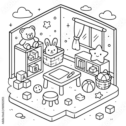 coloring page, The isometric rooms inside the house look cute and warm, A playful space with toy boxes, drawing tools, stuffed animals, and lots of color.