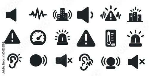 Audio alert icons set in solid style – warning, sound, notification graphics