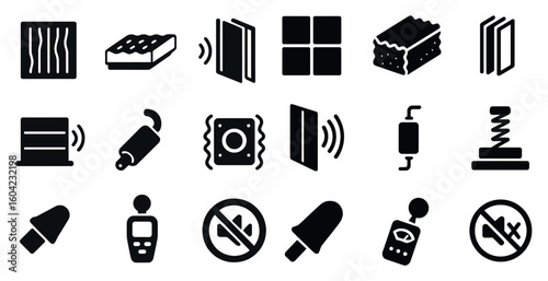 Sound and vibration filled icons set – solid, audio, noise reduction symbols