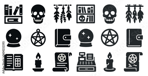 Mystical symbols solid icons set – witchcraft, magic, enchanting elements