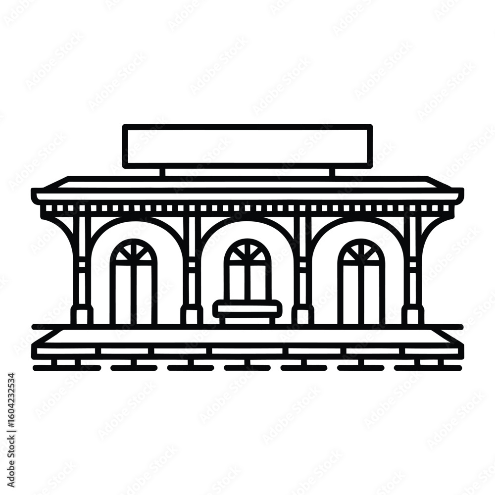 Fototapeta premium Train Station Icon, Vector, Illustration, Outline, Line Art, Silhouette, Logo, White Background.