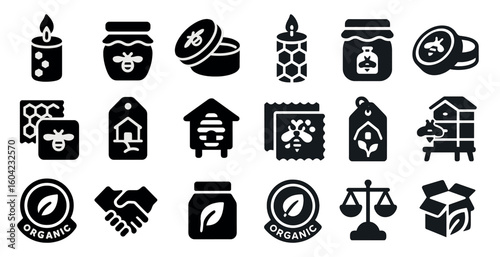 Beekeeping and organic products icons set – solid, silhouette, natural and eco-friendly symbols