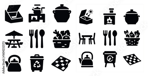 Cooking and dining solid icons set – filled, kitchen, food preparation symbols