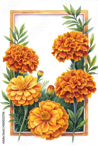 Watercolor Painting of Marigold Flowers in a Picture Frame on White Background