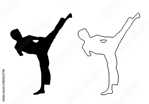 a black and white image of a man doing karate black, dog, image, man, silhouette 