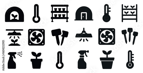 Gardening solid icons set – filled, planting and horticulture symbols collection