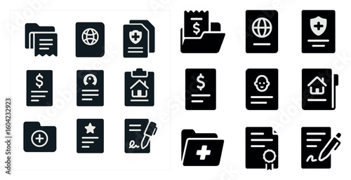 Business and finance solid icons set – filled, contract, document and data symbols