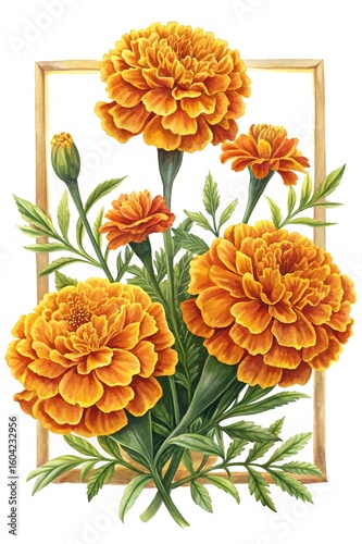 Beautiful Watercolor Painting of Orange Marigolds in a Faux Wooden Frame