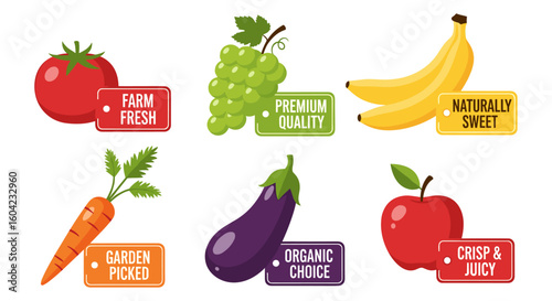 A vibrant assortment of farm-fresh fruits and vegetables, each adorned with labels highlighting their natural qualities and origins, presented in a clean, inviting style.