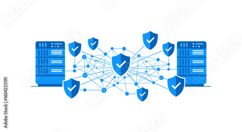 Digital network security concept with connected servers and shields representing data protection and cybersecurity.