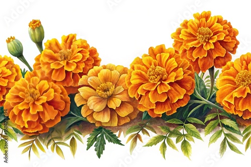 Vibrant watercolor painting of bright orange marigolds with green leaves on white
