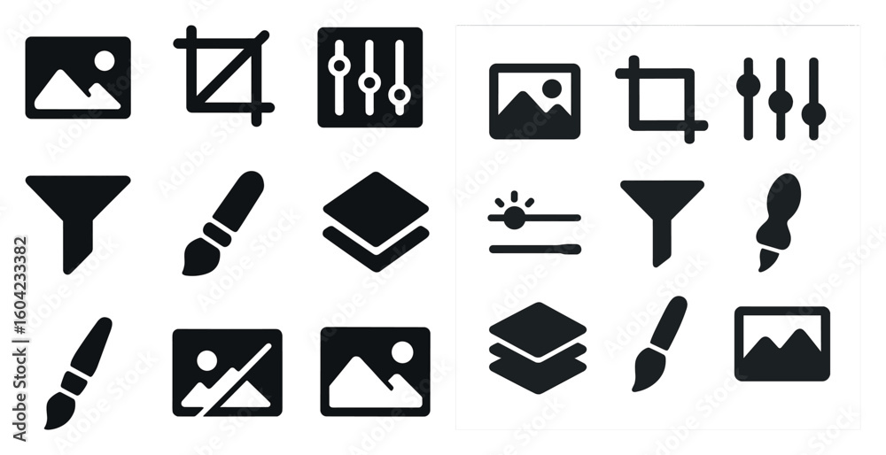 Photo editing silhouette icons set – solid, filled, design and retouching tools