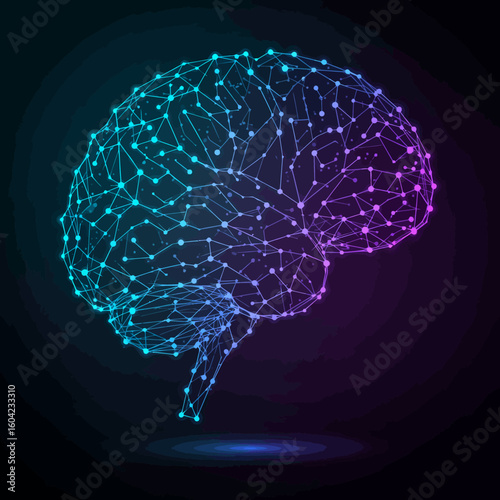 Abstract digital illustration of a human brain represented by interconnected nodes and lines, glowing in blue and purple against a dark background.