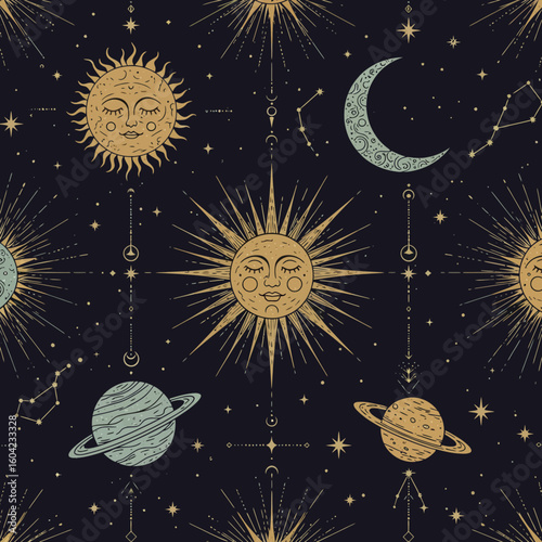 Seamless pattern featuring celestial bodies: suns with faces, a crescent moon, planets, constellations, stars, and decorative lines on a dark background.